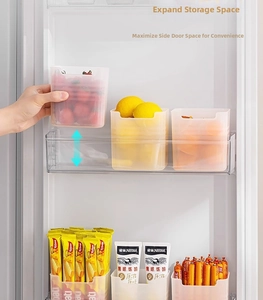 Vertical refrigerator side door organizer bin for fruits and snacks storage