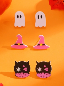 Halloween earring set featuring ghost, wizard hat, and black cat acrylic studs