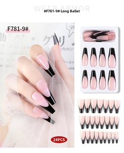 Close-up of nude pink French tip press-on nails in long ballet style, 24 pieces set