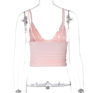 Detailed back view of pink cropped tank top featuring horizontal ruched fabric details