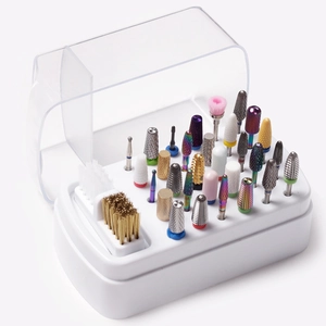 30-hole nail drill bit storage case with cleaning brushes and assorted drill bit set