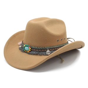 Ethnic style khaki felt western cowboy hat with turquoise beads and tassel decoration