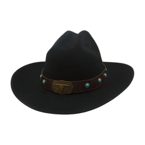 Detail of the black wool jazz hat featuring a turquoise leather band and bull metal buckle