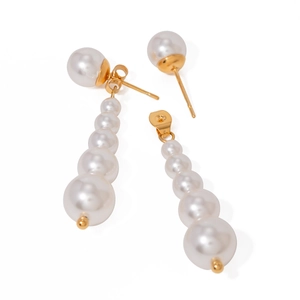 18K gold plated stainless steel pearl drop earrings with varying sizes and stud design