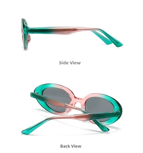 Detail view of oval cat eye sunglasses with green to pink gradient resin frames and grey lenses