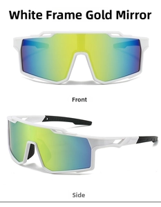 Front and side views of white frame sports sunglasses with gold mirrored lenses