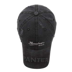 Vintage washed black baseball cap with Mizoobear embroidery and distressed details