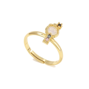 Detail of adjustable gold ring featuring a micro-set colorful zircon princess character