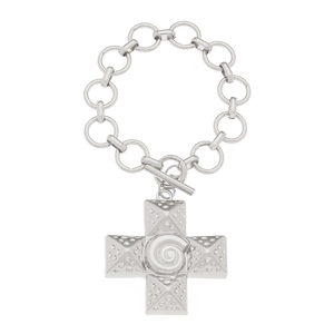 Silver snail swirl cross bracelet with thick links and toggle closure detail