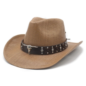 Chapeau De Cowboy Western Vintage Paille Tissée Large Bord Chapeau De Soleil Avec Bande En Similicuir Et Tête De Taureau Pour Hommes Femmes
