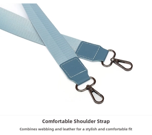 Detail of adjustable gray-blue nylon shoulder strap with metal swivel hook and leather trim