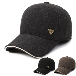 Men Winter Baseball Cap Acrylic Woolen Texture Ear Protection Warm Outdoor Casual Hat Metal Badge Contrast Edging