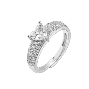 Detailed view of silver heart ring featuring cubic zirconia pavé and adjustable open band
