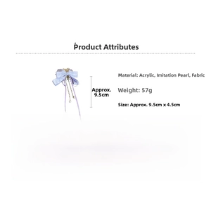 Detail view showing dimensions and materials of the purple bow hair clip with pearls