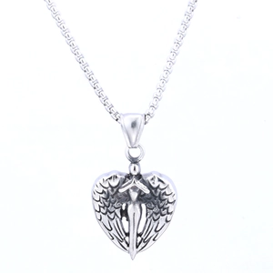 Vintage silver heart-shaped angel wing pendant necklace with detailed feather textures