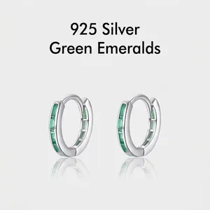 Geometric 925 Sterling Silver Huggie Hoop Earrings For Women With Emerald Green Zircon Minimalist Jewelry Gift