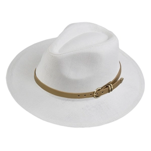 Close-up of white paper straw hat with brown faux leather belt and gold metal buckle
