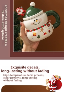 Detail of snowman ceramic mug with green hat lid and Santa Claus topper for Christmas