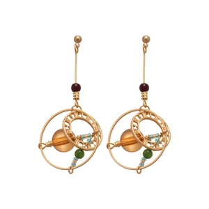Vintage gold crystal round earrings with Roman numerals and colorful beaded charms