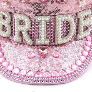 Pink sequin military bride hat with BRIDE lettering made of pearls and rhinestones
