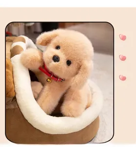 Detailed view of plush Labrador dog toy wearing a red collar inside a cozy pet bed