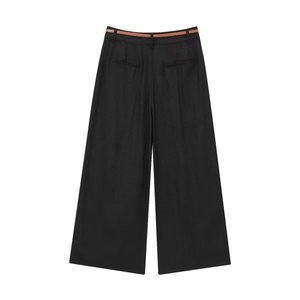 Back view of black wide-leg linen blend trousers with a stylish brown decorative belt