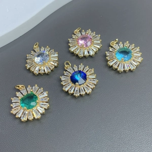 Five gold flower sunburst pendants with colorful crystal zircon stones for jewelry making