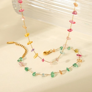 Chic French style beaded necklace with colorful natural stones and gold metal chain