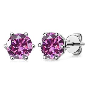 Classic S925 sterling silver 1ct pink purple moissanite stud earrings with six-prong setting