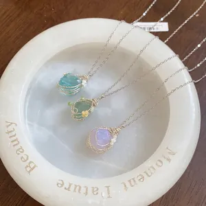 Minimalist stainless steel necklaces with natural raw stones in purple, green and blue