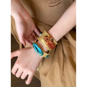Vintage Ethnic Style Gold Alloy Hollow Bracelet With Printed Polyester Silk Scarf Wrap Artistic Oil Painting Pattern Open Bangle
