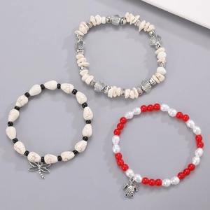 Set de 3 pulseras de cuentas playeras con colgantes de concha libélula y tortuga