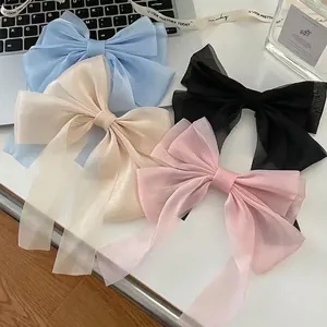 Large Bow Hair Clip Organza Mesh Long Ribbon Streamer Spring Hairpin French Elegant Solid Color Sweet Accessories Women