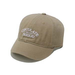 Classic khaki cotton baseball cap with white Circulate embroidery on a plain white background