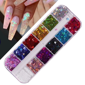 Detailed view of 12-color butterfly nail sequins in storage box with nail art effect