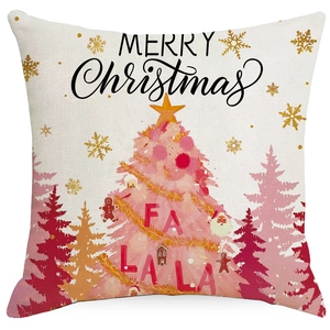 Pink Christmas linen pillowcase with Merry Christmas text and festive tree patterns