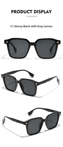 Detailed views of glossy black oversized square sunglasses with metal diamond accents