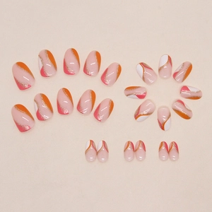 Short almond press-on nails with orange pink wavy patterns and gold glitter accents