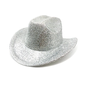 Detail of silver glitter cowboy hat showing wide brim and metallic texture for party