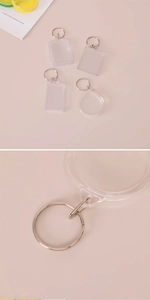 Macro view of transparent acrylic keychain frames in various shapes with metal rings