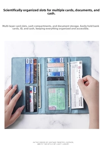 Inside view of a slim blue matte leather wallet showing multiple card slots and ID window