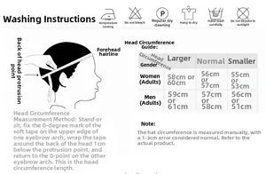 Size guide for sun caps with head circumference charts and washing care instructions