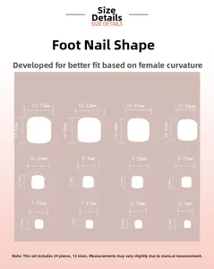 Size chart showing 12 different dimensions for white French press-on toenails