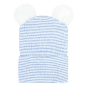 Dettaglio cappello in maglia per neonato a righe blu bianche con due pompon in pelliccia