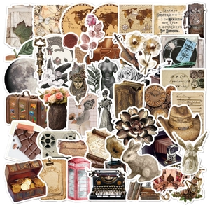 Detailed view of vintage aesthetic waterproof stickers featuring antique sculptures and maps