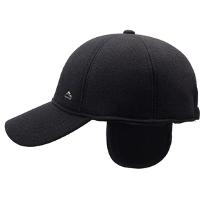 Winter windproof black wool baseball cap with ear flaps and mountain metal logo