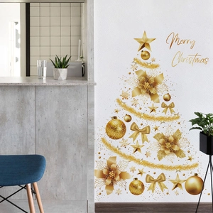 Golden Merry Christmas tree wall stickers with stars and bows on white wall decor