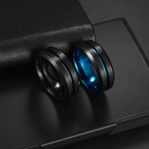 Black brushed titanium steel spinner ring with blue inner plating for men's stress relief