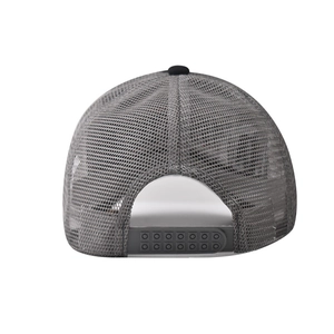 Detail view of the breathable mesh back and adjustable snapback closure on a gray trucker hat