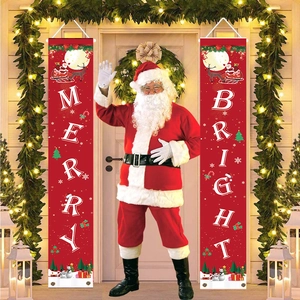 Outdoor Christmas porch banners featuring Merry and Bright text with Santa Claus and Snowman